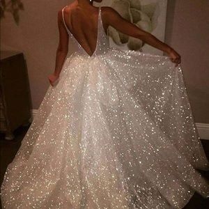 Hebeos A-Line/Princess Sequins Sweep/Brush Train Sleeveless V-neck Dress